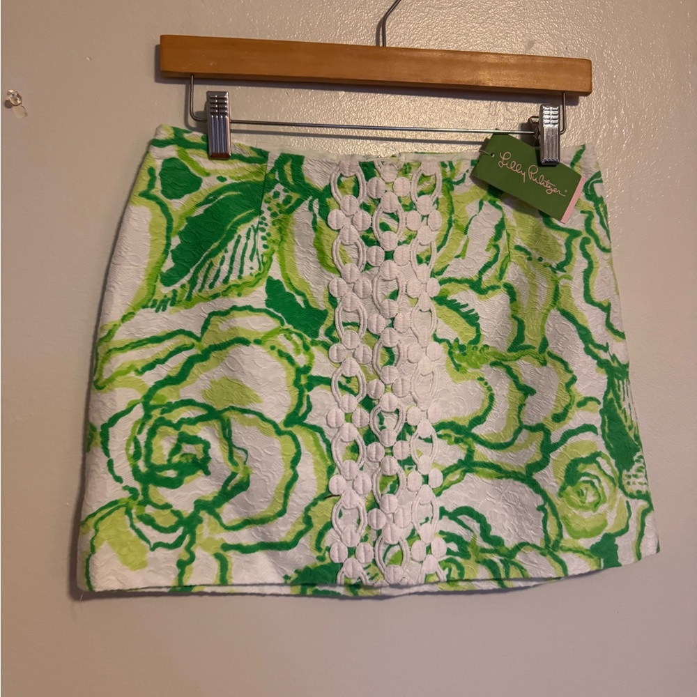 Lilly Pulitzer Green & White Floral Crochet-Trim Mini Skirt